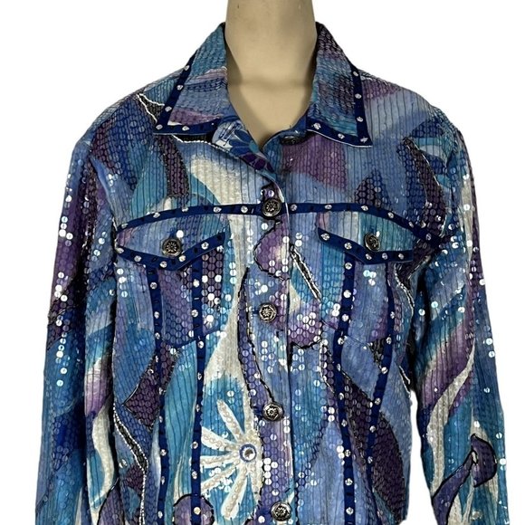 Sandy Starkman blue multicolor sequeined button-front jacket size Large - Picture 2 of 9